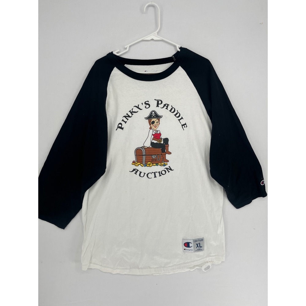Champion Raglan Baseball Tee XL White Black Pinkys Paddle Auction Pirate Graphic